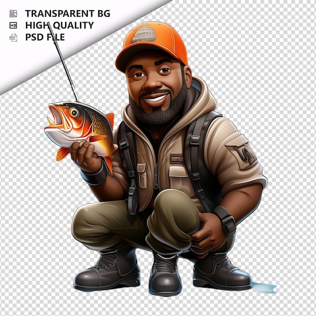 Hombre negro pescando 3d estilo de dibujos animados fondo blanco isola