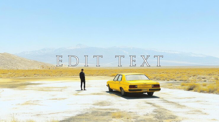 PSD hombre de negro de pie cerca de coche vintage amarillo en el paisaje del desierto