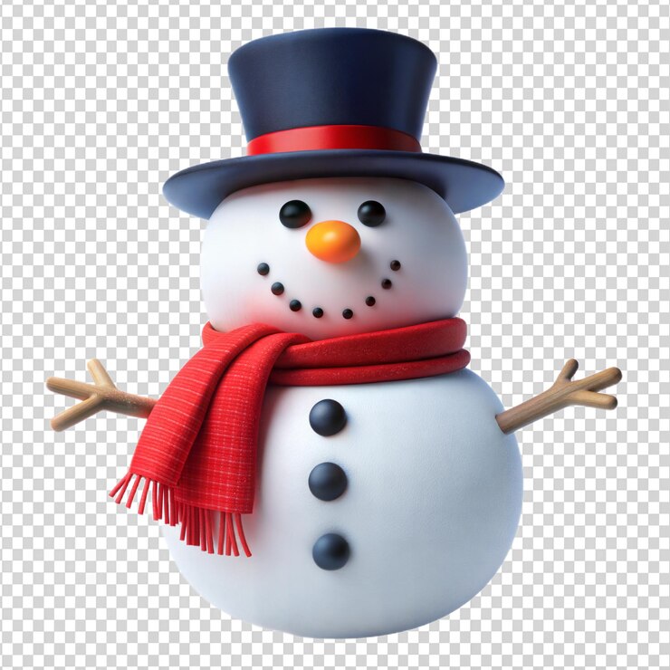 PSD hombre de nieve con bufanda roja y sombrero negro perfecto para la decoración de invierno fondo transparente