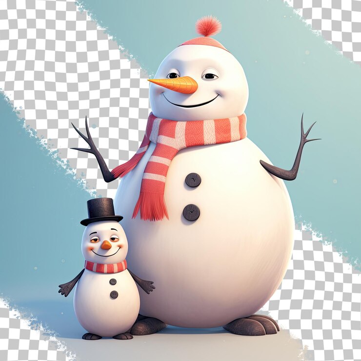 PSD hombre de nieve y pingüino sobre un fondo transparente