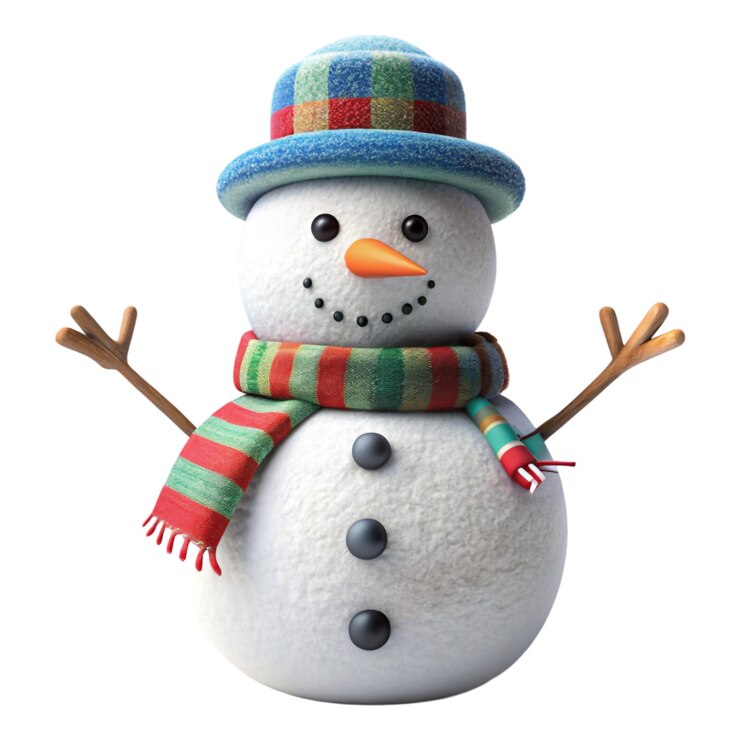 PSD hombre de nieve con sombrero colorido y bufanda colorida aislado en un archivo png de fondo transparente