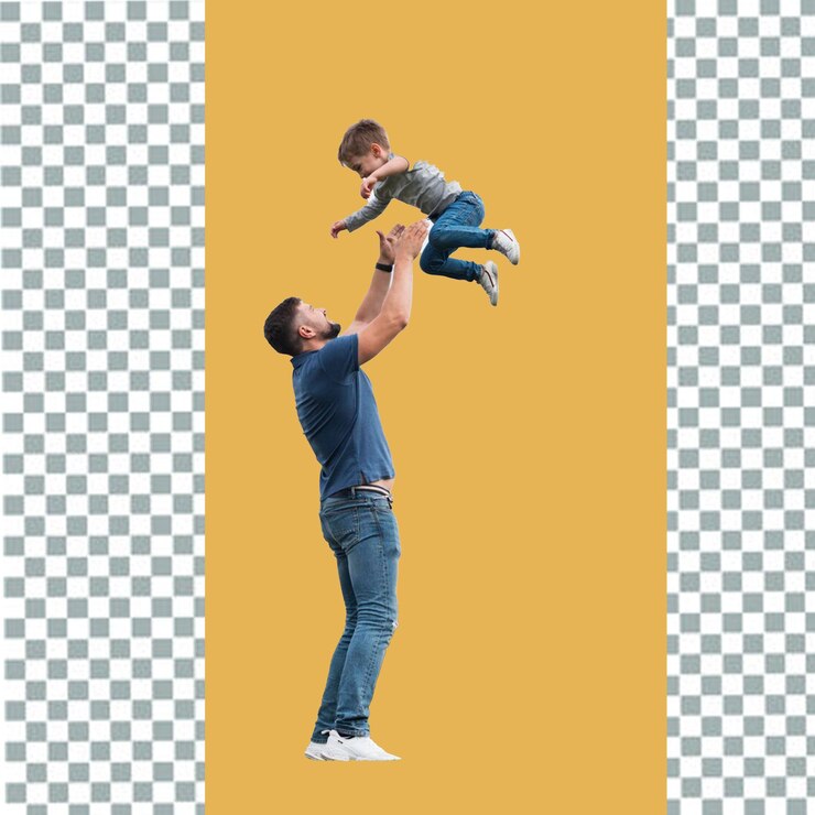 un hombre y un niño están en un fondo amarillo