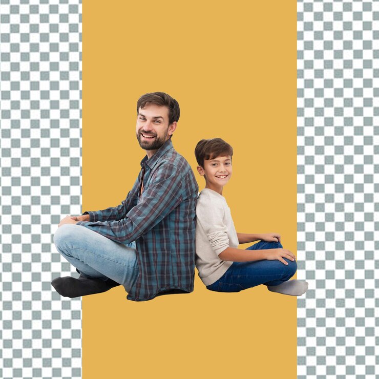 un hombre y un niño posan para una foto con un fondo amarillo