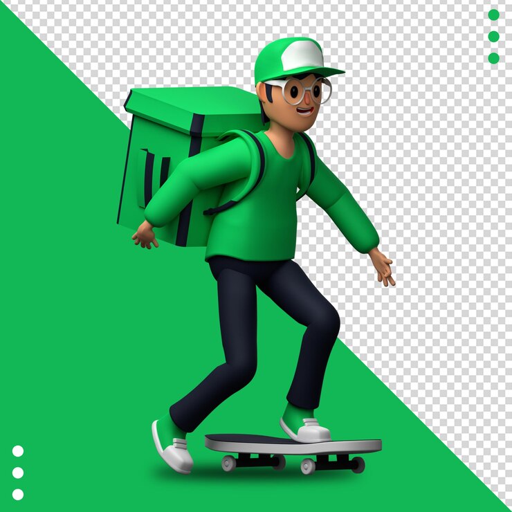 PSD un hombre en una patineta con una caja verde encima.