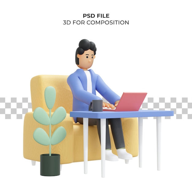 Hombre de pelo rizado trabajando sentado en una silla usando una computadora portátil freelancer 3d ilustración Premium Psd