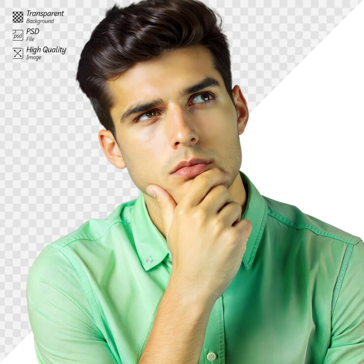 PSD hombre pensante con camisa verde sobre un fondo transparente contemplando ideas
