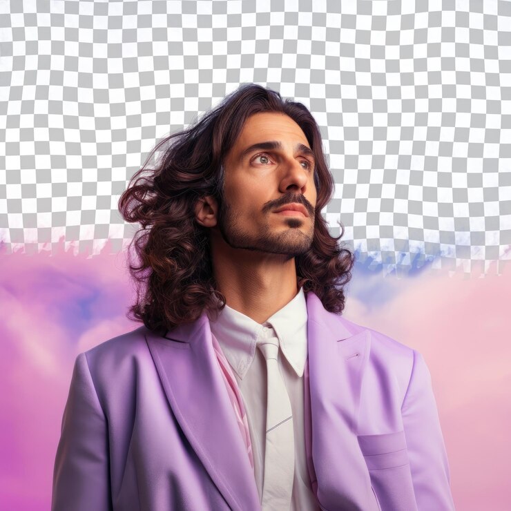 PSD hombre periodístico dramático mira hacia arriba en pastel periwinkle adultos de oriente medio reacios con cabello largo