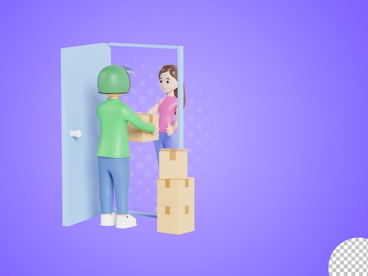 PSD hombre de personaje de ilustración 3d en caja de retención uniforme de entrega en compras de servicio expreso de puerta abierta