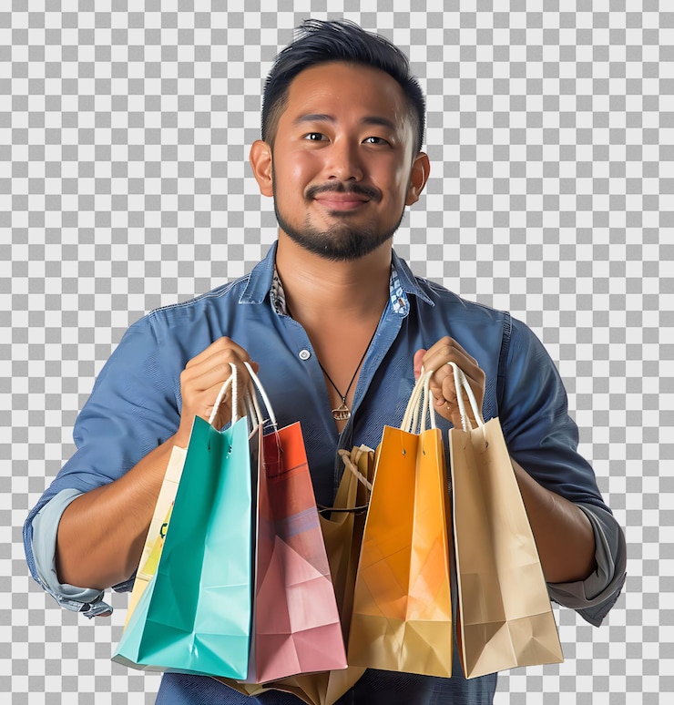 PSD un hombre de pie con una bolsa de compras en un fondo transparente aislado