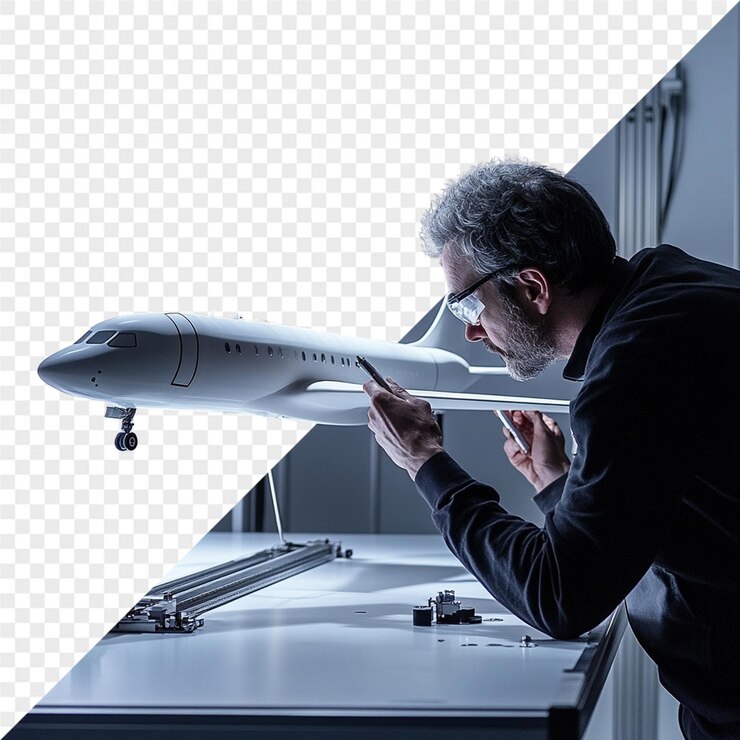 PSD un hombre de pie frente a un avión modelo con un dibujo de un avión en el fondo