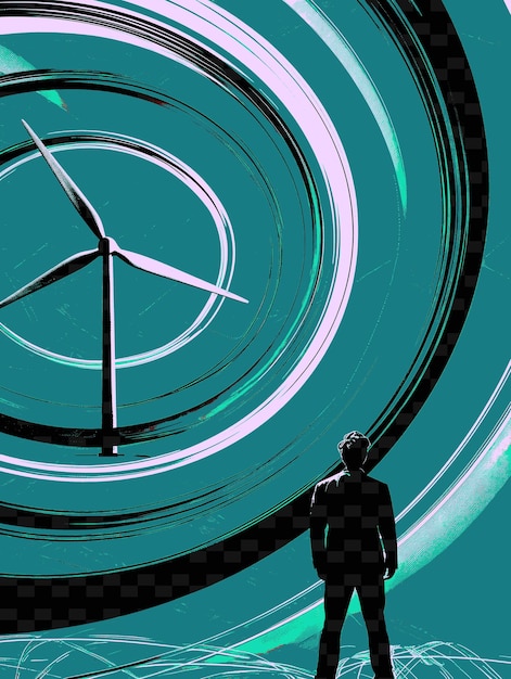 un hombre de pie frente a un gran objeto circular con una turbina eólica en el fondo