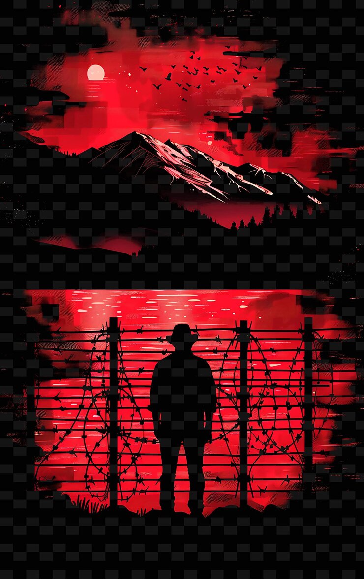 PSD hombre de pie frente a una valla de alambre de púas con una montaña arte de ilustración plana creativa
