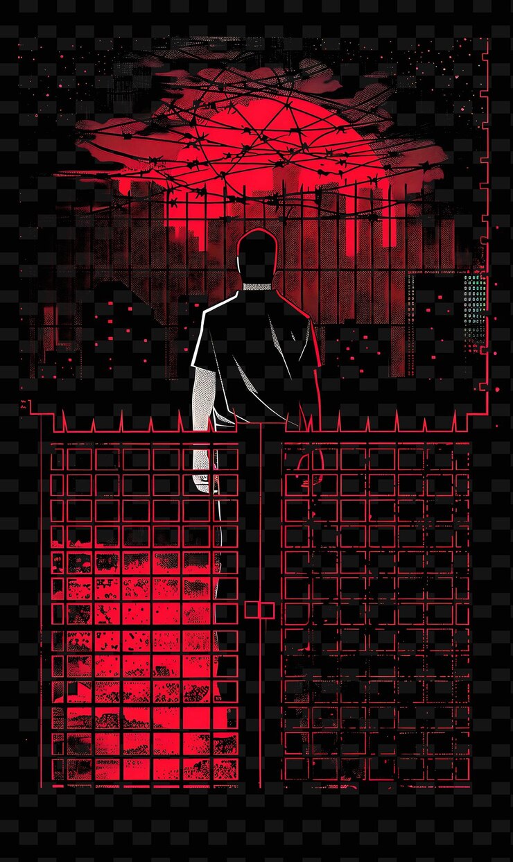 PSD hombre de pie frente a una valla de alambre de púas con un paisaje urbano arte de ilustración plana creativa