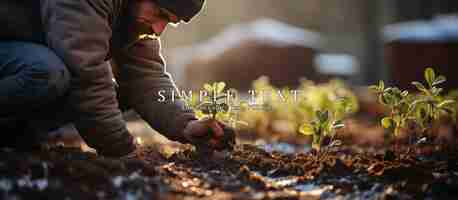 PSD hombre plantando plántulas en un jardín en invierno concepto de jardinería