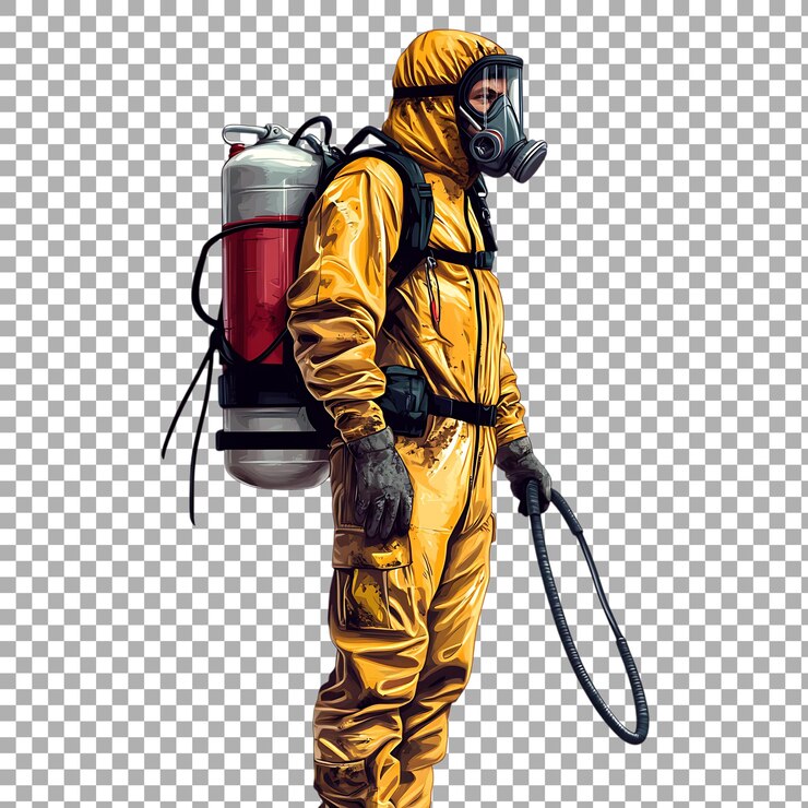 PSD hombre de png en un kit de desinfección completo rociando medicamentos contra un fondo transparente para proyectos de diseño de higiene de la salud o seguridad