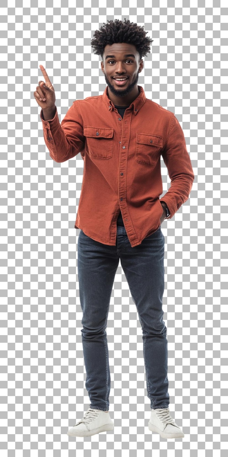 PSD hombre de png señalando con el dedo mientras está de pie sobre un fondo transparente