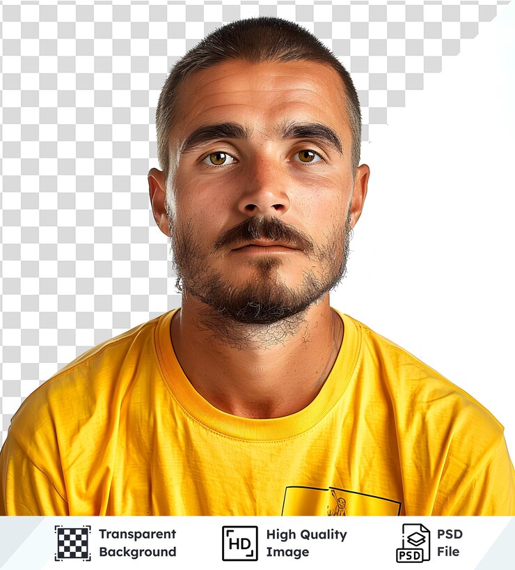 PSD hombre posando con camisa amarilla en un fondo transparente mostrando un estado de ánimo relajado y estilo casual