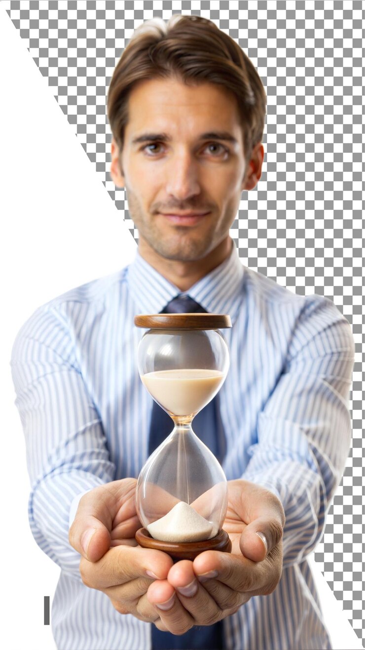 PSD hombre presentando un reloj de arena que simboliza el tiempo