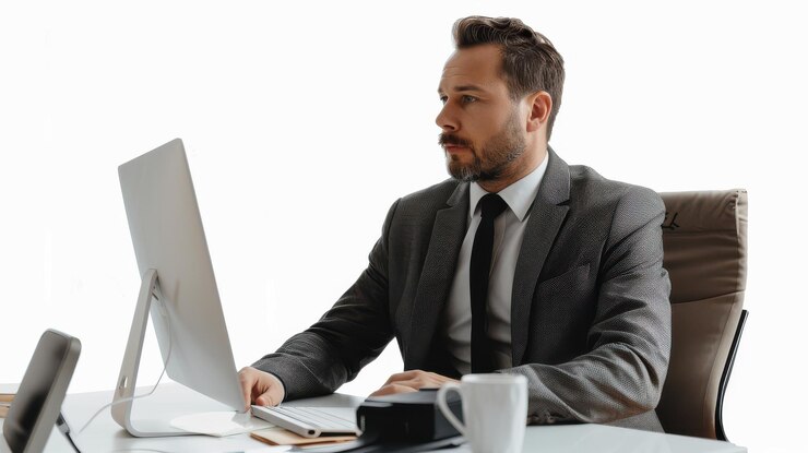 PSD hombre profesional trabajando en un escritorio con una computadora en un entorno de oficina moderno durante el día