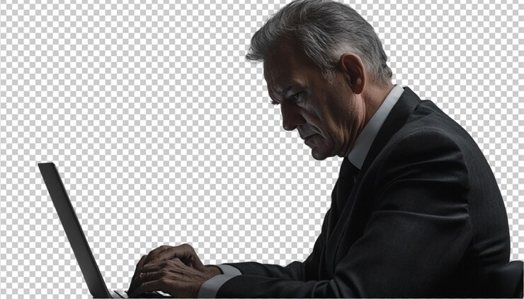 PSD un hombre profesional en un traje de negocios trabajando intensamente en una computadora portátil aislado en un fondo blanco limpio su enfoque en la pantalla