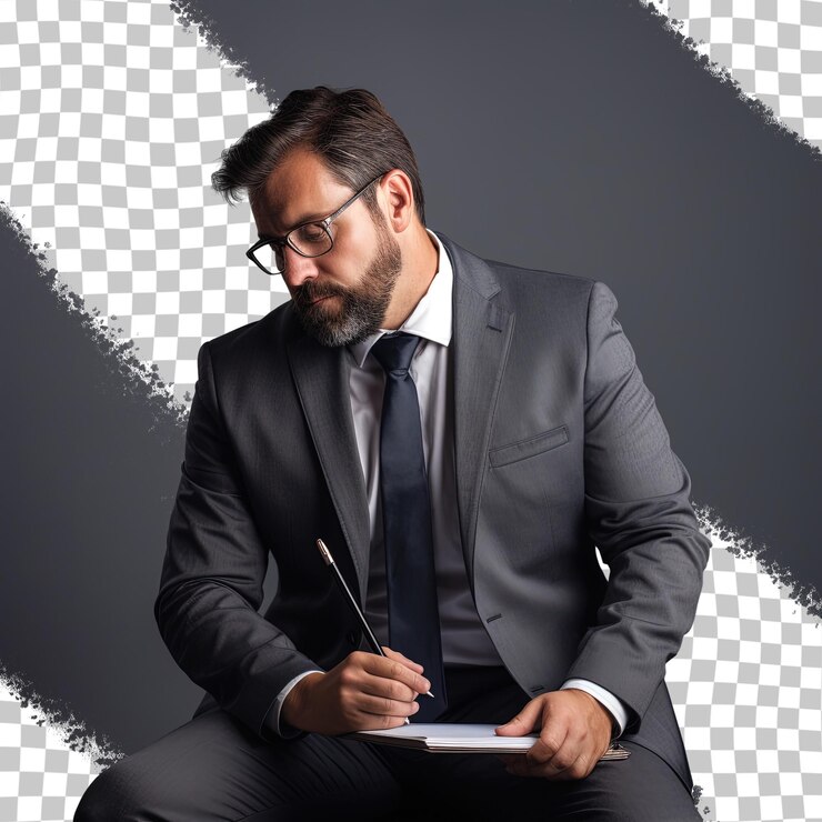 PSD hombre profesional en traje pensando y escribiendo ideas de negocio en un cuaderno en el interior