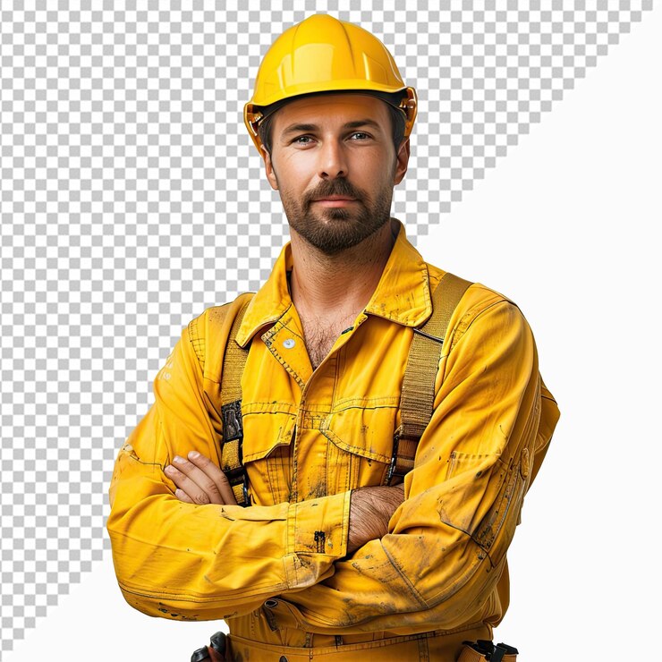 Hombre del PSD con un casco amarillo y un chaleco amarillo con los brazos cruzados con un fondo transparente