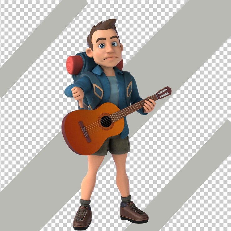 Hombre PSD con una guitarra y una guitarra en el hombro con fondo transparente