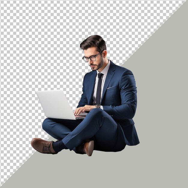 El hombre de PSD se sienta en un banco con una computadora portátil con fondo transparente