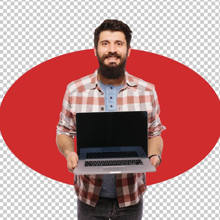 Hombre de PSD sosteniendo una computadora portátil con un círculo rojo detrás de él con fondo transparente