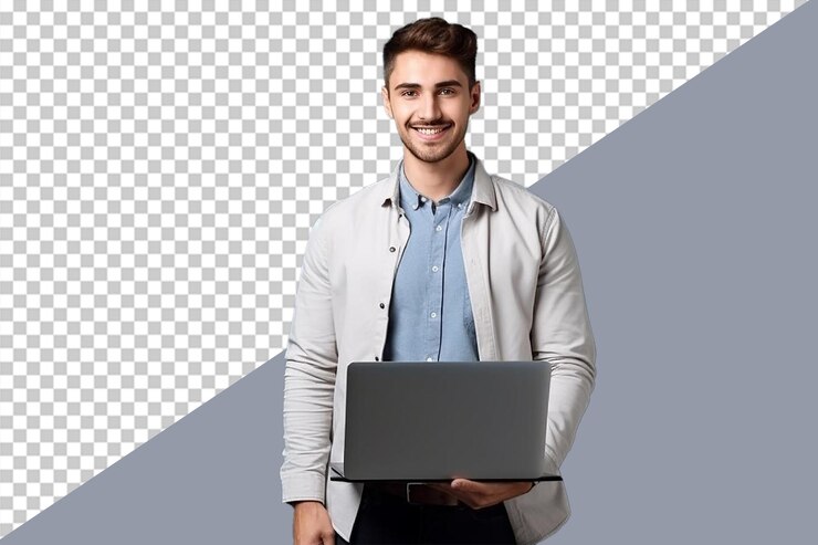 Hombre con psd sosteniendo una computadora portátil con una foto de él en la pantalla con fondo transparente
