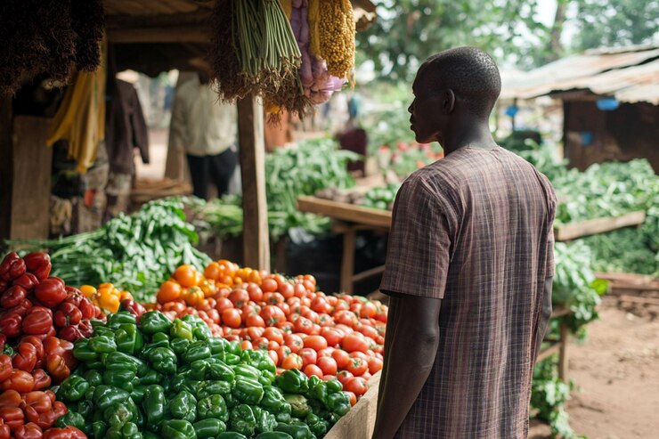 PSD hombre en un puesto de mercado africano con tomates y pimientos