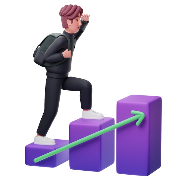 Un hombre que camina en la escalera del progreso del crecimiento icono 3D para el inicio y el entorno de trabajo