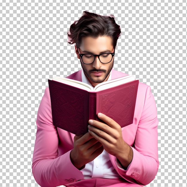 PSD un hombre que lleva gafas y lee un libro con fondo png