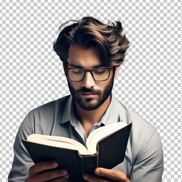 PSD un hombre que lleva gafas y lee un libro con fondo png