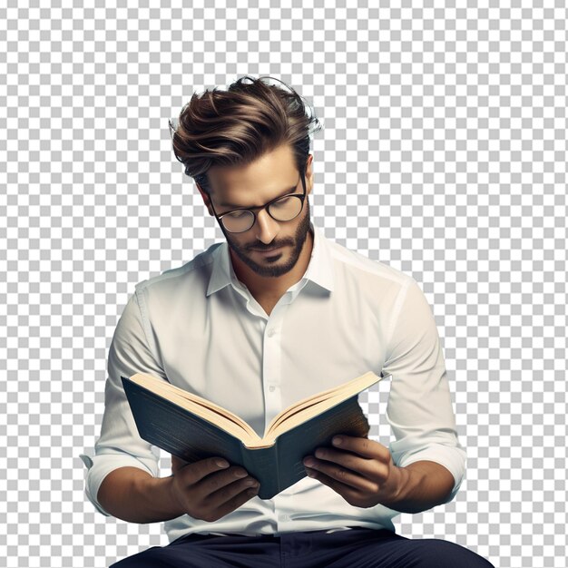 PSD un hombre que lleva gafas y lee un libro con fondo png