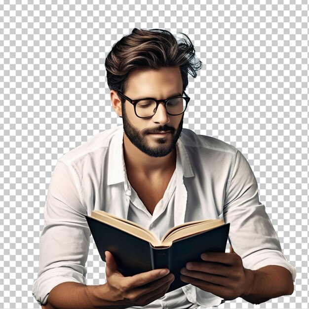 PSD un hombre que lleva gafas y lee un libro con fondo png