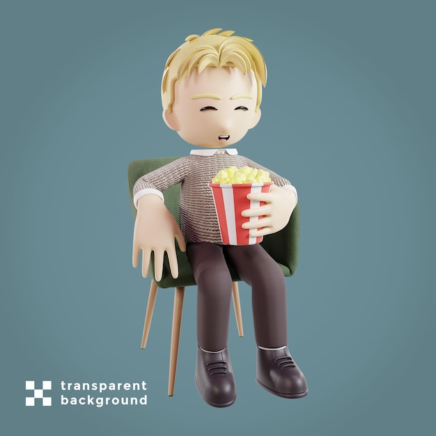 hombre que sienta, y, tenencia, palomitas de maíz, 3d, carácter