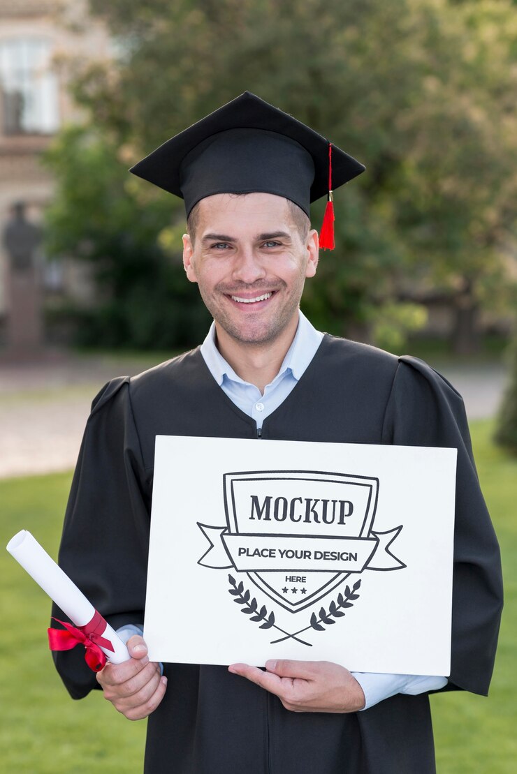 PSD hombre que sostiene con orgullo un diploma de maqueta