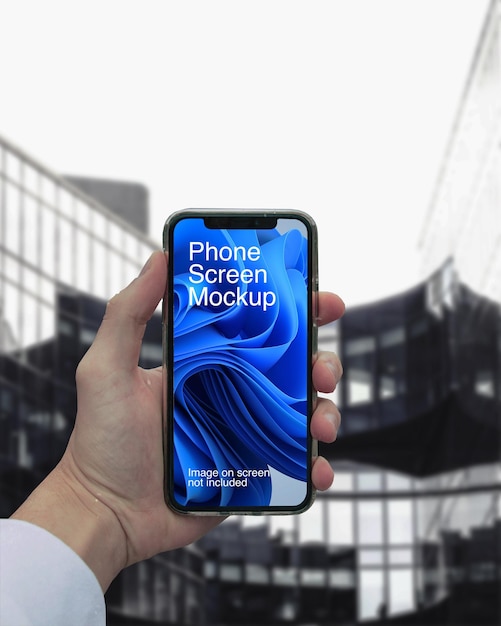 Un hombre que sostiene un teléfono inteligente con maqueta de pantalla