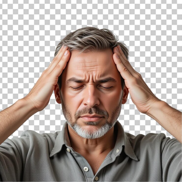 PSD hombre que sufre dolor de cabeza severo dolor estrés cansado adulto hombre cara triste cuidado del cabello gris manos barba humano