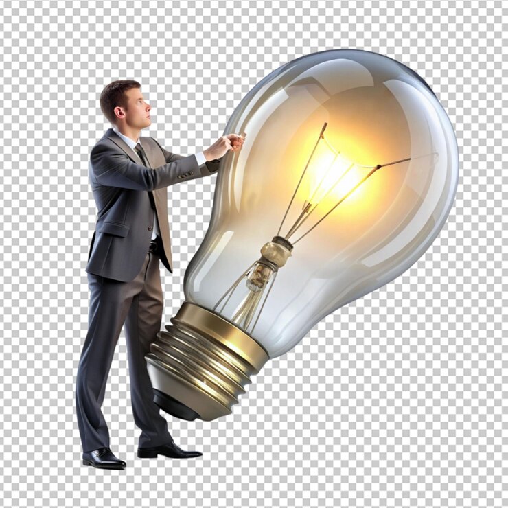 PSD hombre renderizado en 3d con una lámpara enorme solución creativa en un fondo transparente