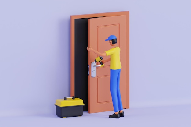 El hombre está reparando la puerta ilustración 3d