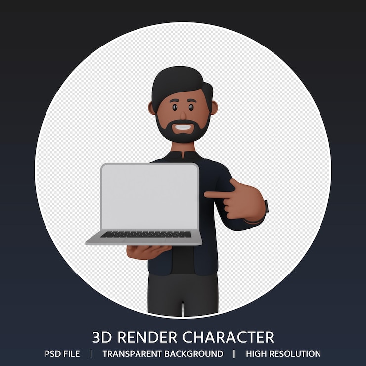 PSD hombre de representación 3d que muestra la pantalla de la computadora portátil