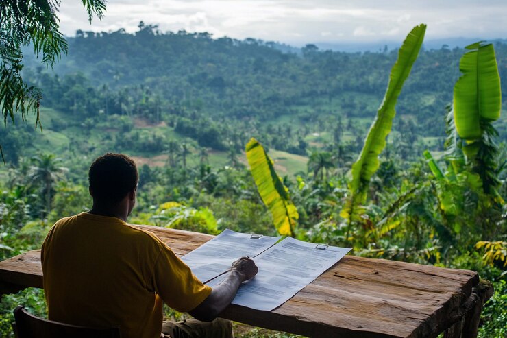 PSD hombre revisando planes en un tranquilo paisaje tropical