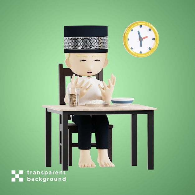 Hombre rezando en la cena iftar Ramadán concepto 3d personaje render ilustración