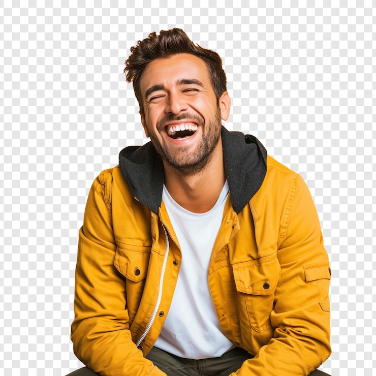 PSD hombre riendo felizmente con una chaqueta amarilla