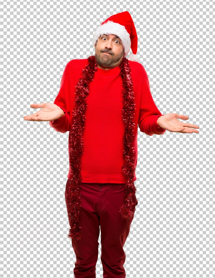 PSD hombre con ropas rojas celebrando las fiestas navideñas haciendo un gesto sin importancia