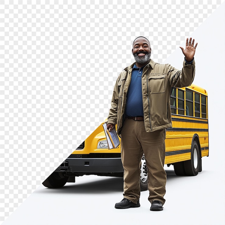 PSD un hombre saludando delante de un autobús escolar amarillo
