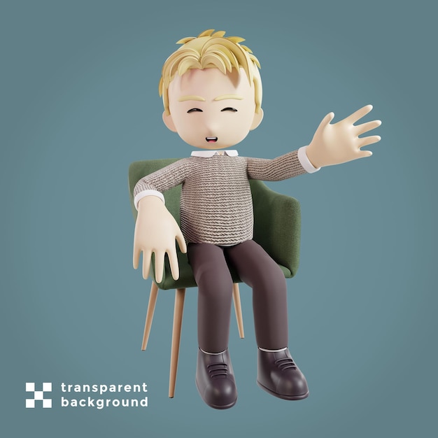 Hombre saludando mientras está sentado personaje 3d