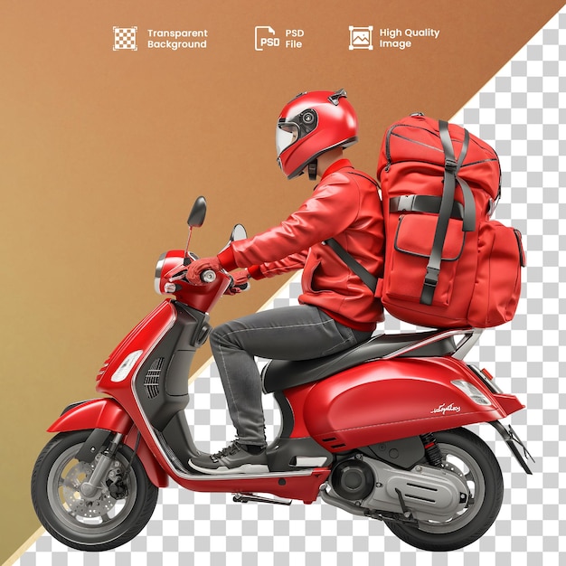 PSD un hombre en un scooter rojo con una mochila roja en la espalda